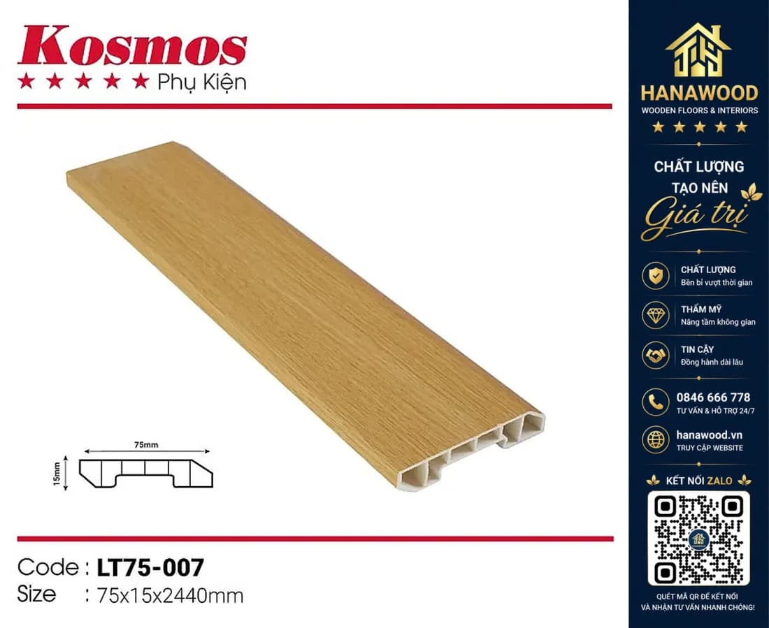 Len chân tường nhựa giả gỗ Kosmos Vân Gỗ 75 x 15 x 3000 mm