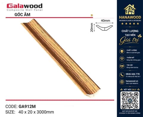 Phào Góc Âm nhựa giả gỗ Galawood mã GA912M 40 x 20 x 3000 mm