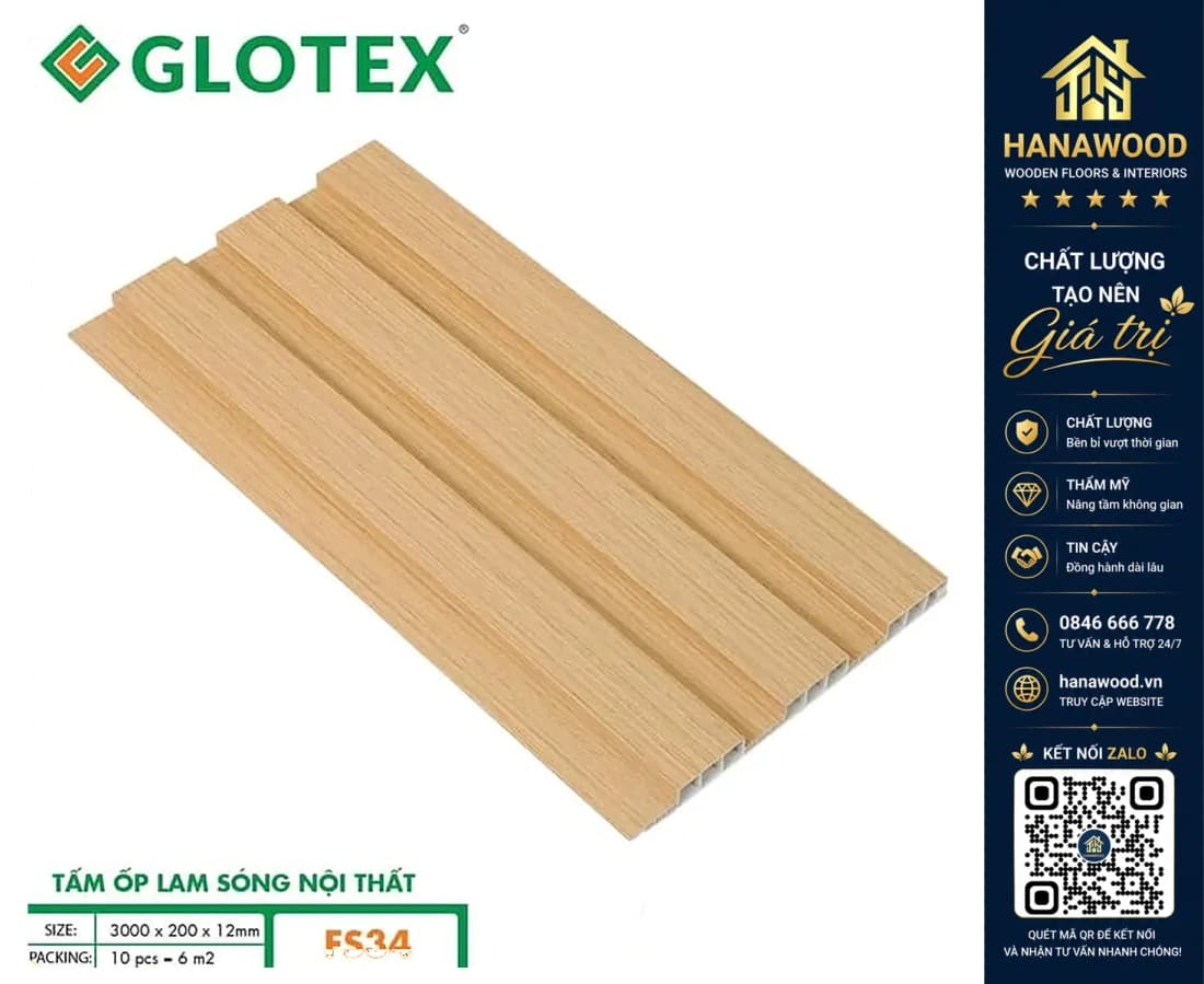 Tấm Ốp Tường Trần Lam Sóng Nhựa Giả Gỗ Glotex FS34