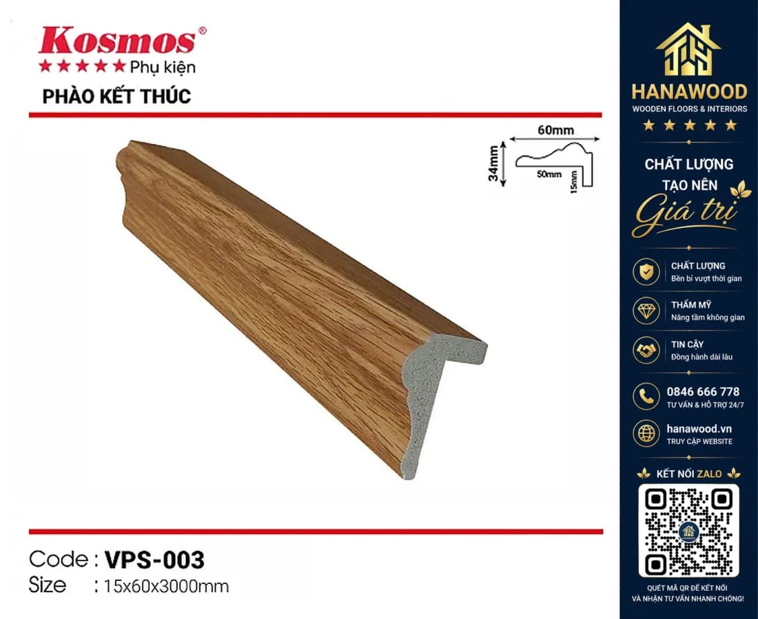 Phào kết thúc trang trí nhựa giả gỗ Kosmos mã VPS-003 (Lam Sóng Nano) 15 x 60 x 3000mm