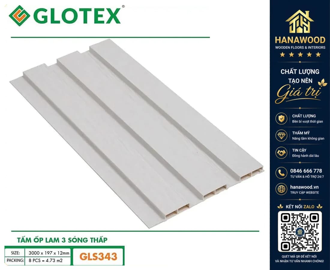 Hình ảnh Tấm Ốp Lam 3 Sóng Thấp Nhựa Giả Gỗ Glotex GLS343