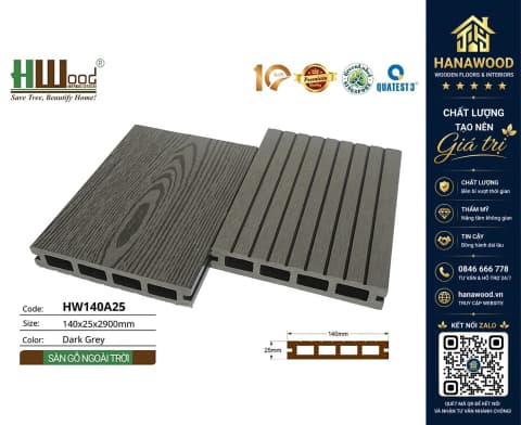 Hình ảnh Sàn Sân Vườn Gỗ Nhựa Ngoài Trời Lỗ Vuông Hwood HW140A25 Dark Grey