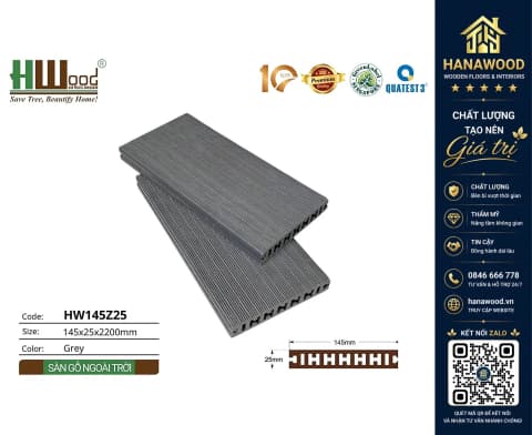 Sàn Sân Thượng Gỗ Nhựa Ngoài Trời Hwood HW145Z25 Grey