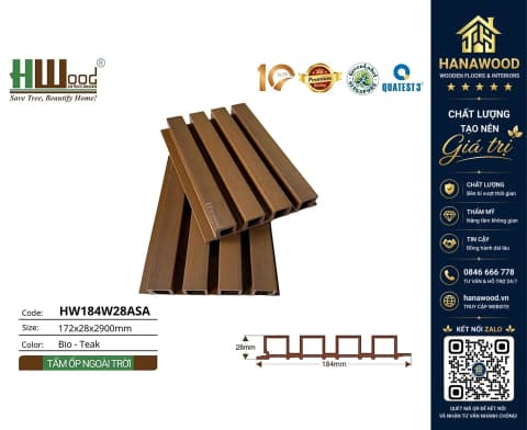 Tấm Ốp Lam Sóng Gỗ Nhựa Ngoài Trời Phủ ASA Hwood HW184W28ASA Bio-Teak