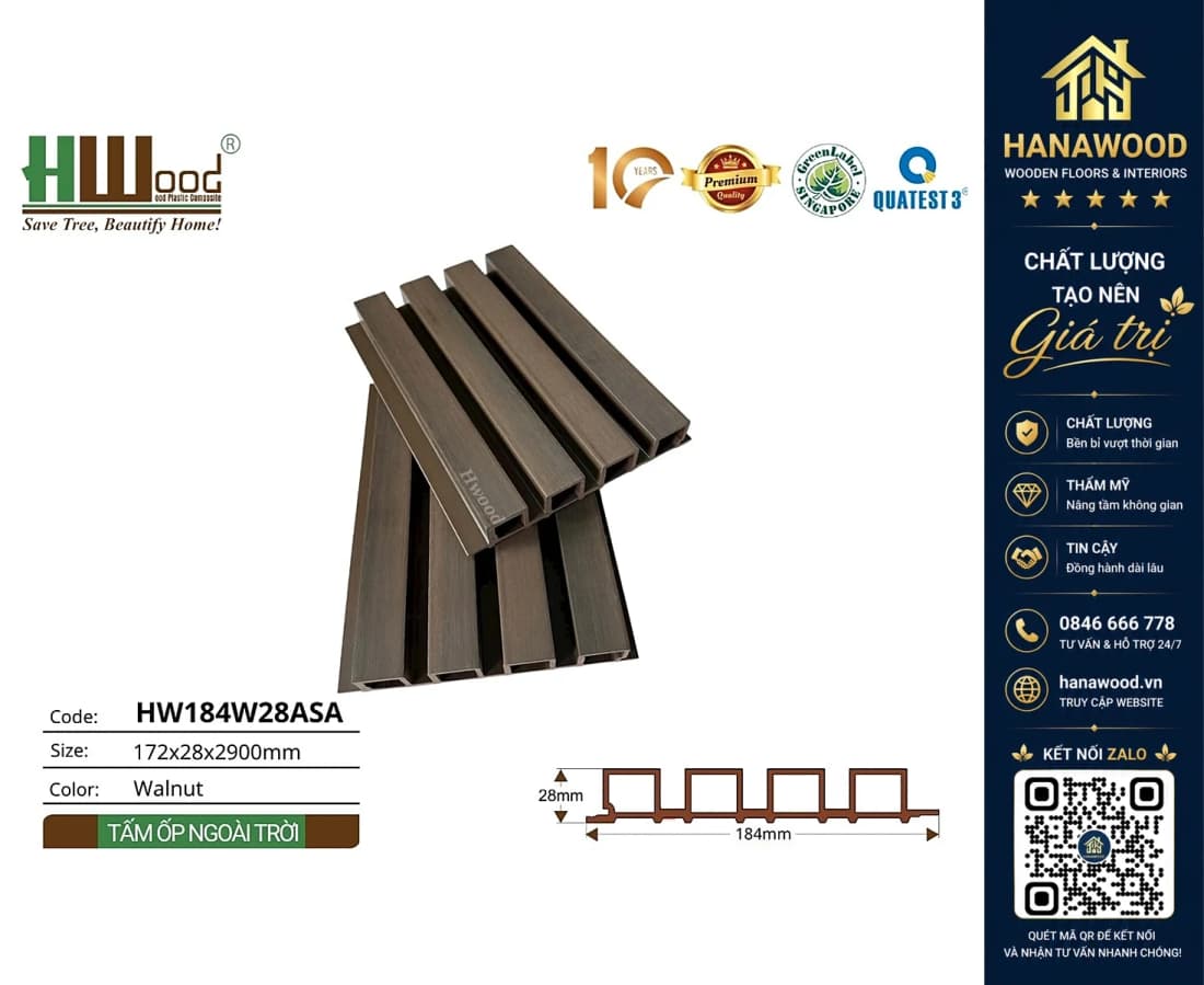 Tấm Ốp Lam 4 Sóng Gỗ Nhựa ASA Hwood HW184W28ASA Walnut