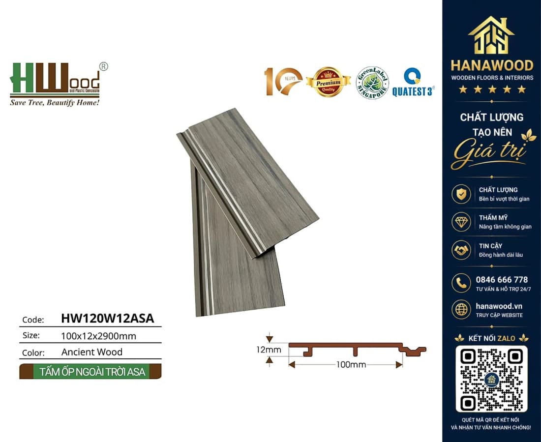 Tấm Ốp Gỗ Nhựa Ngoài Trời Phủ ASA Hwood HW120W12ASA Ancient Wood
