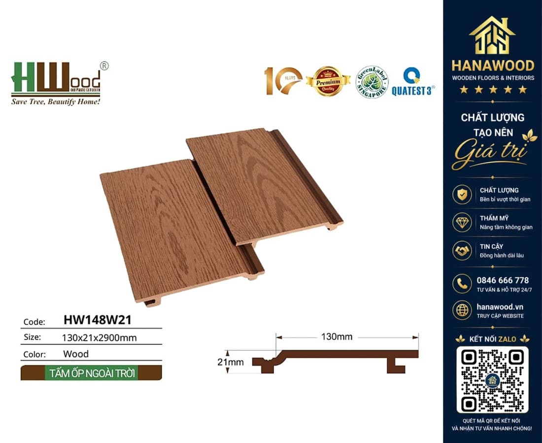 Tấm Ốp Tường Gỗ Nhựa Ngoài Trời Hwood HW148W21 Wood