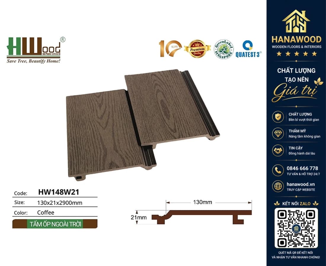 Tấm Ốp Gỗ Nhựa Ngoài Trời Hwood HW148W21 Coffee