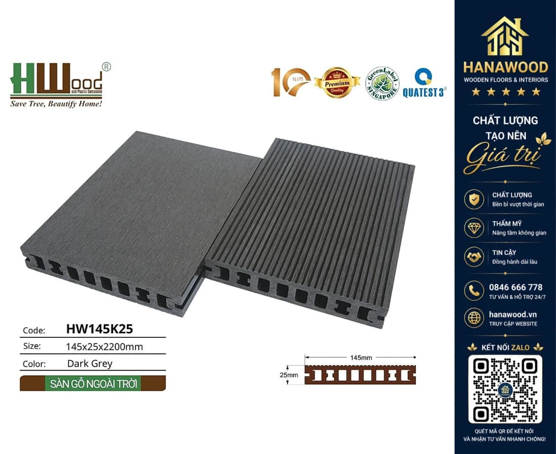 Hình ảnh Sàn Sân Vườn Gỗ Nhựa Ngoài Hwood HW145K25 Dark Grey