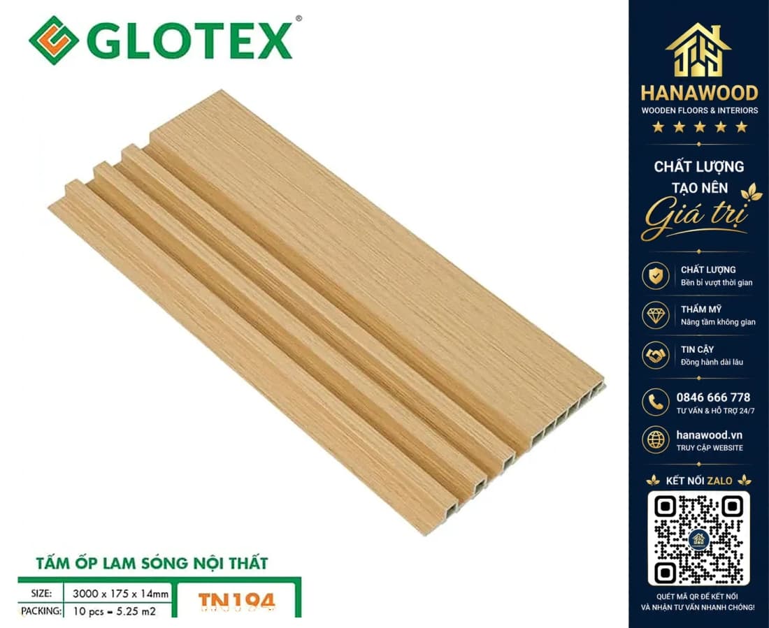 Hình ảnh Tấm Ốp Tường Lam Sóng Nhựa Giả Gỗ Glotex TN194