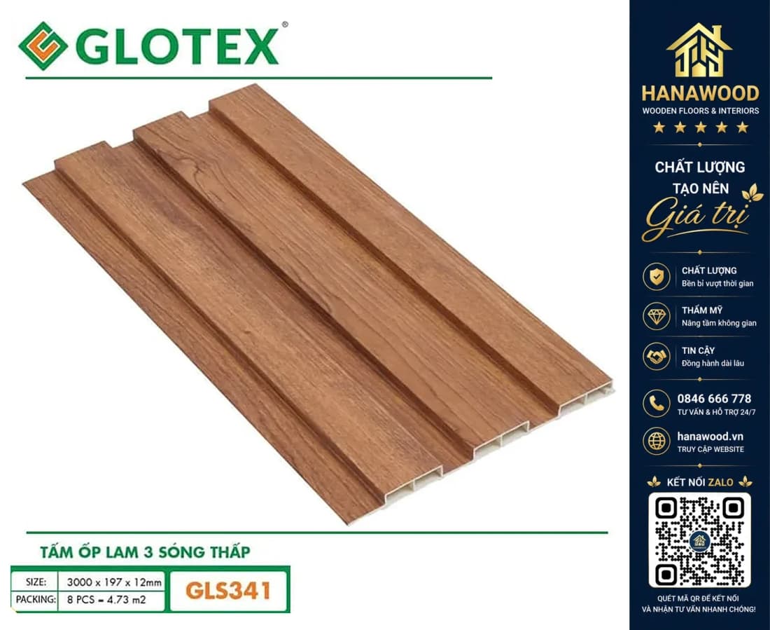 Hình ảnh Tấm Ốp Lam 3 Sóng Nhựa Giả Gỗ Glotex GLS341
