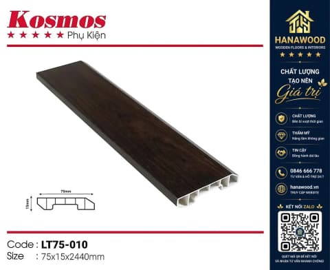 Len chân tường nhựa giả gỗ Kosmos Giả Gỗ 75 x 15 x 3000 mm