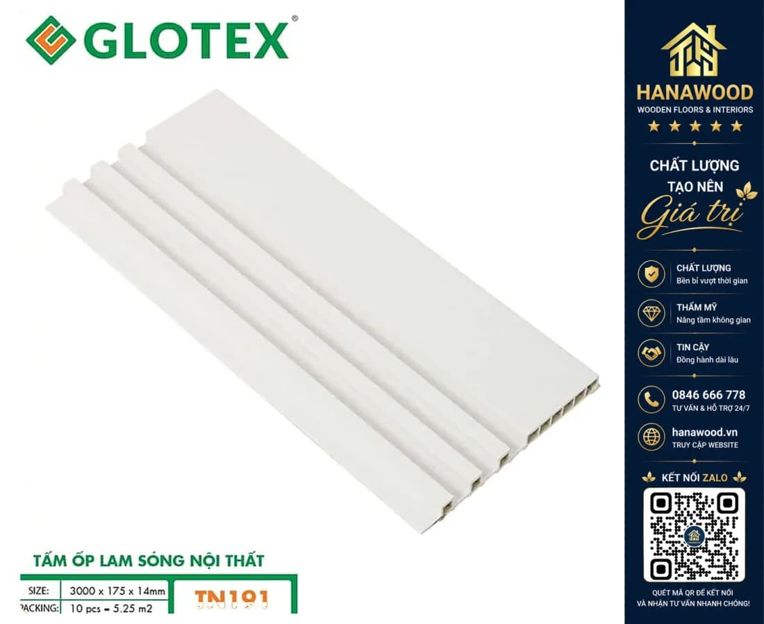 Hình ảnh Tấm Ốp Lam Sóng Nhựa Trắng Vân Gỗ Glotex TN191