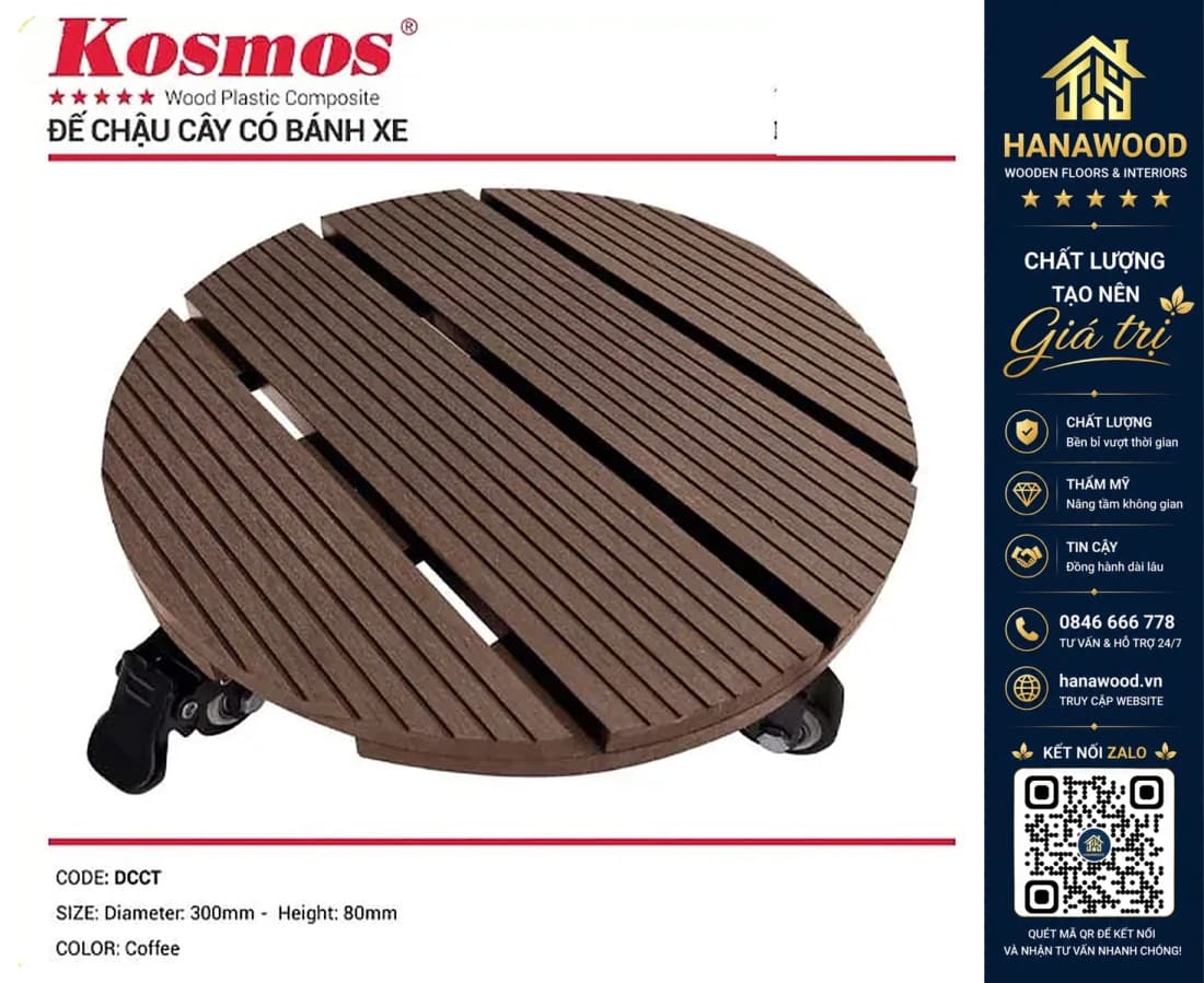 Đế Lót Chậu Cây Có Bánh Xe Gỗ Nhựa Ngoài Trời Kosmos Tròn Coffee