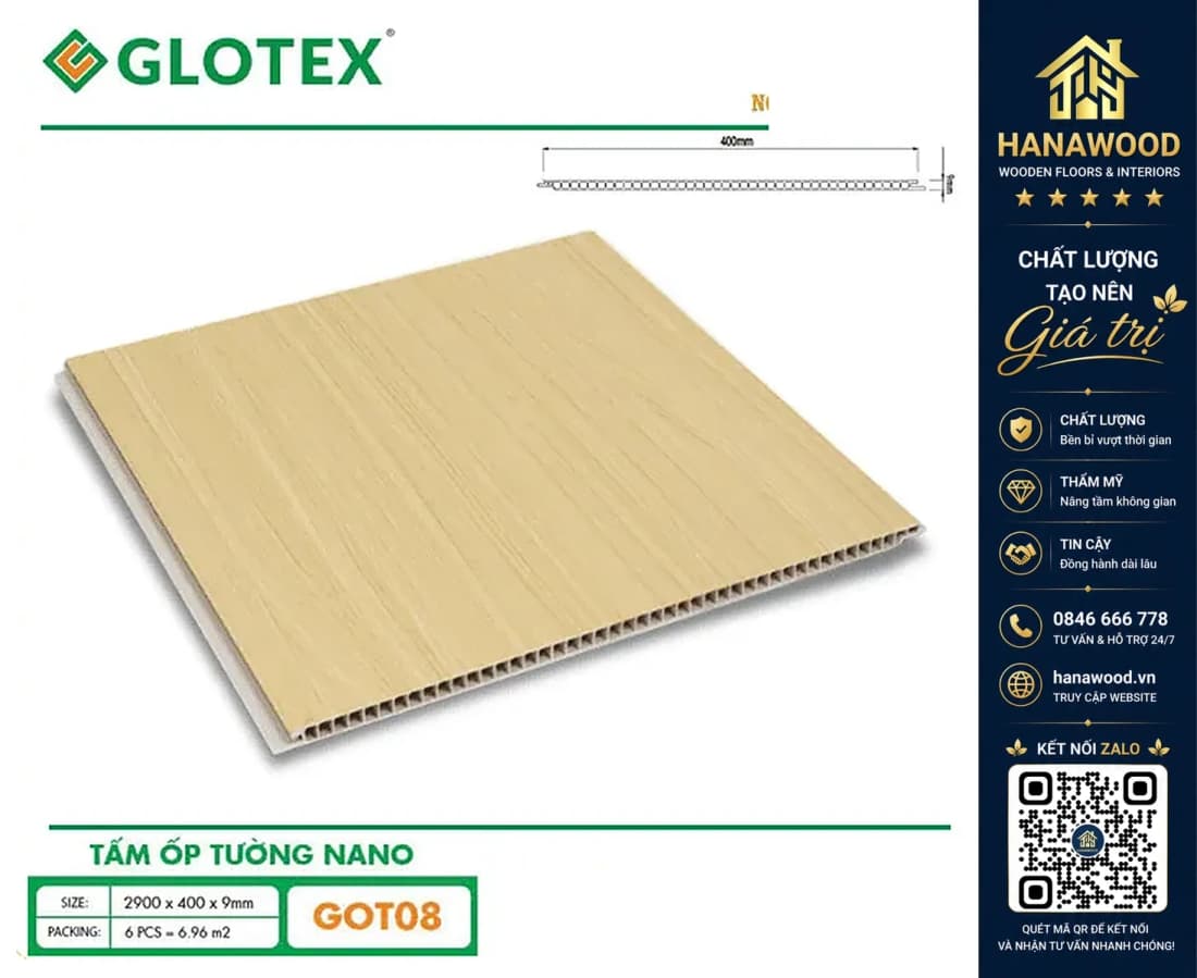 Tấm Nhựa Ốp Tường Nano Giả Gỗ Glotex GOT08
