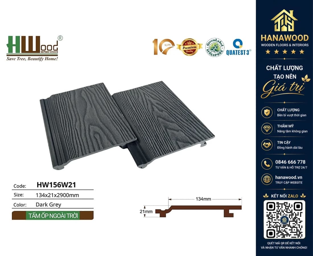 Ốp Ban Công Gỗ Nhựa Ngoài Trời Hwood HW156W21 Dark Grey