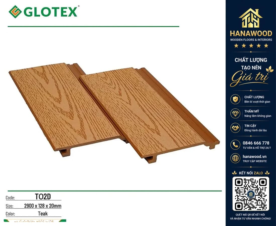 Tấm Ốp Trần Gỗ Nhựa Ngoài Trời Glotex TO2D Teak