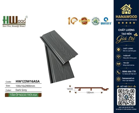 Tấm Ốp Tường Gỗ Nhựa Ngoài Trời Phủ ASA Hwood HW123W16ASA Dark Grey