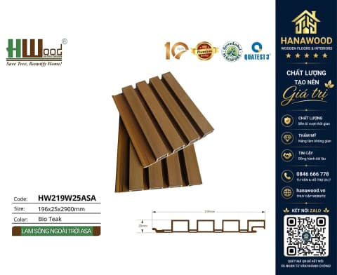Tấm Ốp Lam Sóng Gỗ Nhựa Ngoài Trời Phủ ASA Hwood HW219W25ASA Bio-Teak