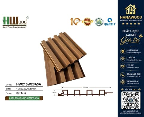 Tấm Ốp Lam Sóng Gỗ Nhựa Ngoài Trời Phủ ASA Hwood HW215W23ASA Bio-Teak