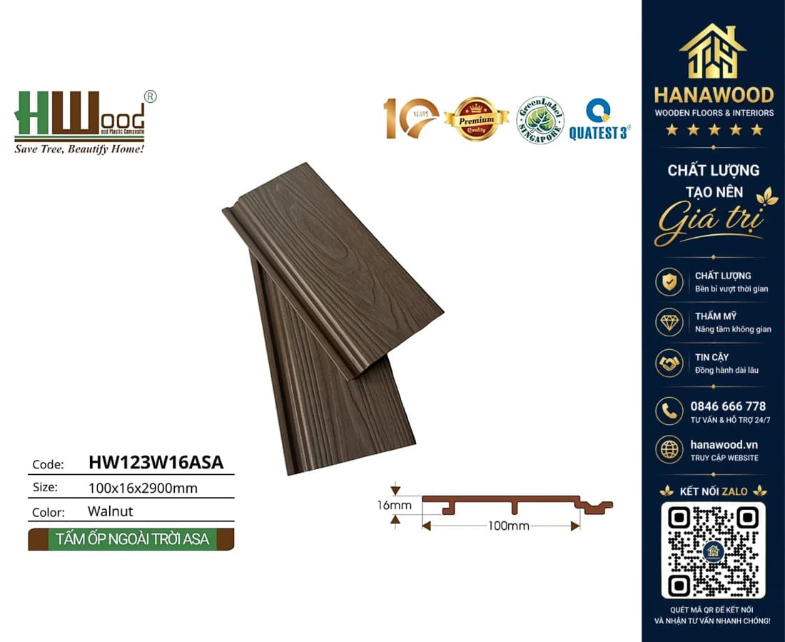 Tấm Ốp Tường Trần Gỗ Nhựa Phủ ASA Hwood HW123W16ASA Walnut