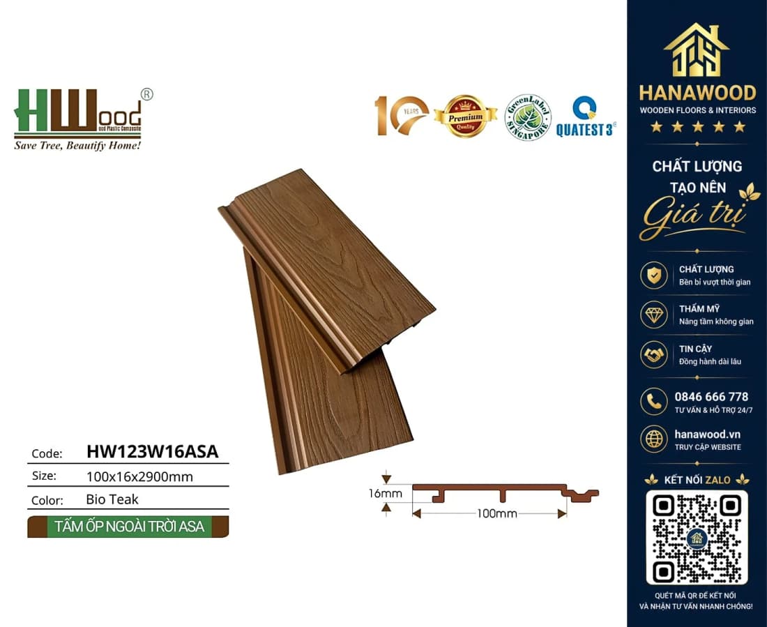 Tấm Ốp Gỗ Nhựa Ngoài Trời Phủ ASA Hwood HW123W16ASA Bio-Teak