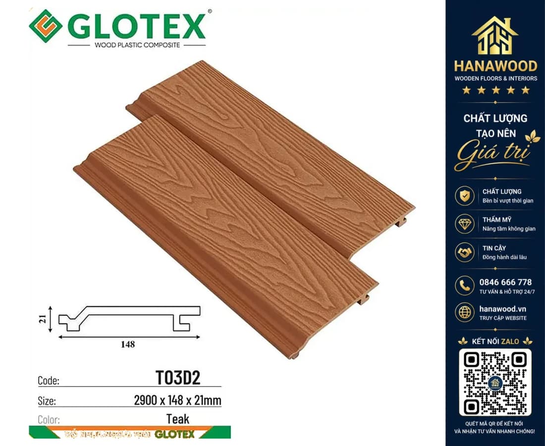 Tấm Ốp Tường Gỗ Nhựa Ngoài Trời Glotex TO3D2 Teak