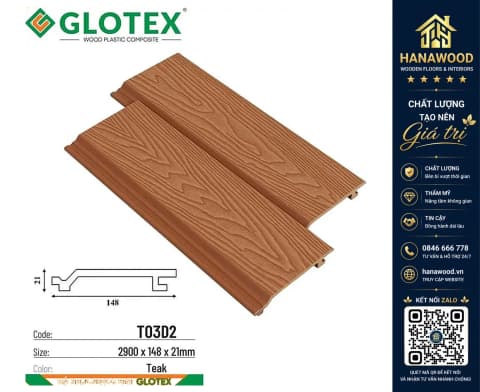 Tấm Ốp Tường Gỗ Nhựa Ngoài Trời Glotex TO3D2 Teak