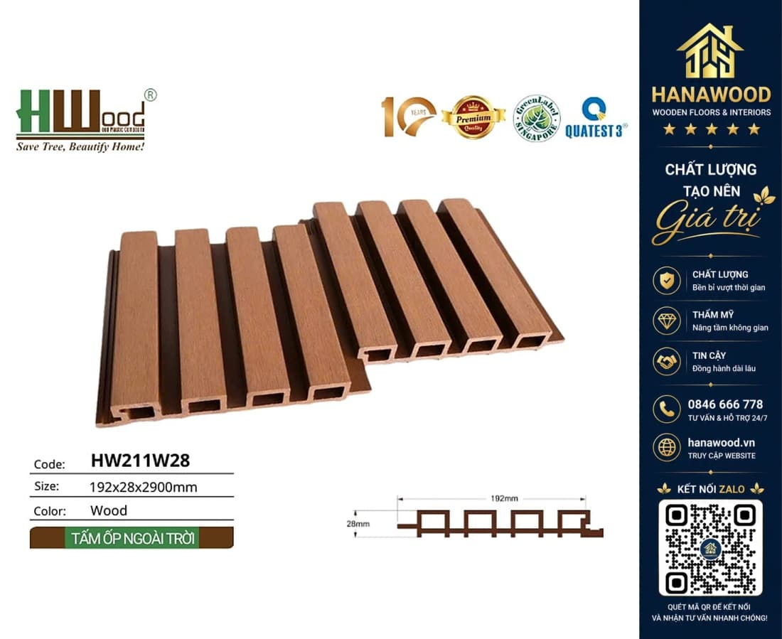 Ốp Ban Công Lam Sóng Gỗ Nhựa Ngoài Trời Hwood HW211W28 Wood