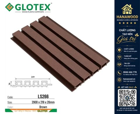 Ốp Tường Lam Sóng Gỗ Nhựa Ngoài Trời Glotex LS266 Brown