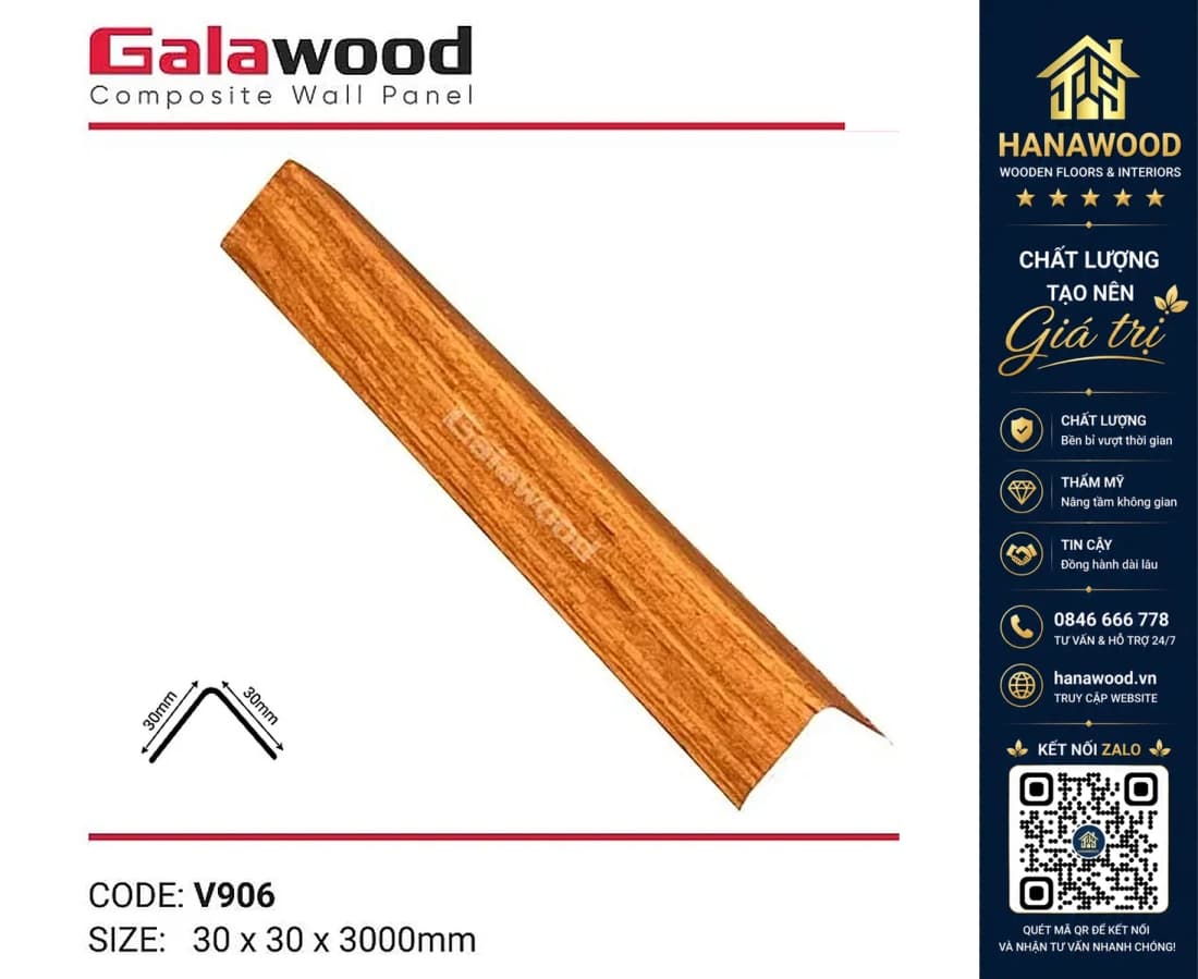 Nẹp Góc V nhựa giả gỗ Galawood Vân Gỗ 30 x 30 x 3000 mm