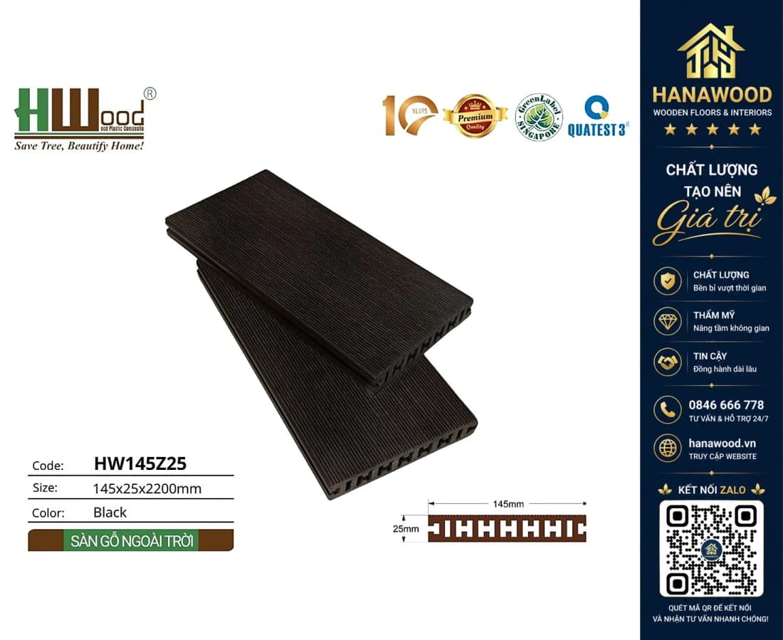 Sàn Gỗ Nhựa Ngoài Trời Hwood HW145Z25 Black
