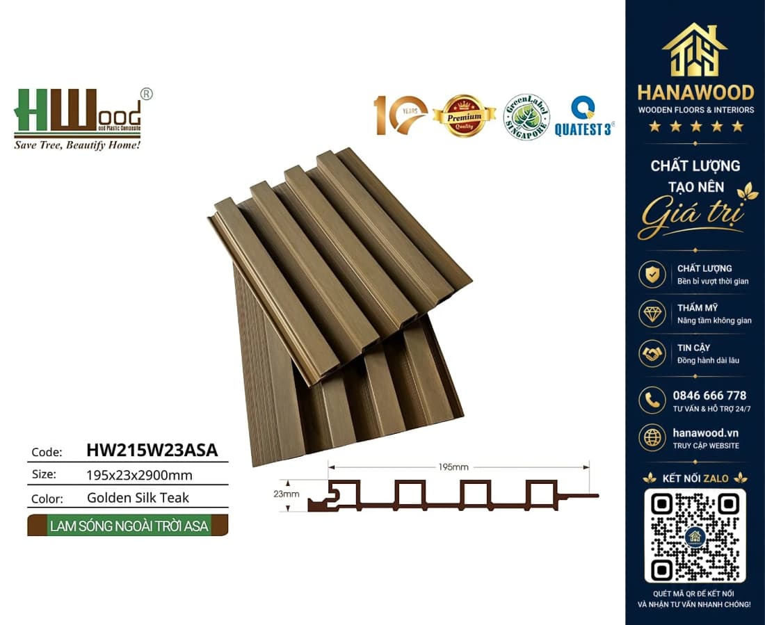 Tấm Lam 4 Sóng Gỗ Nhựa Phủ ASA Hwood HW215W23ASA Golden Silk Teak