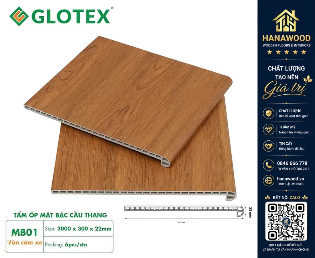 Mặt Bậc Cầu Thang Nhựa PVC Giả Gỗ Glotex MB01