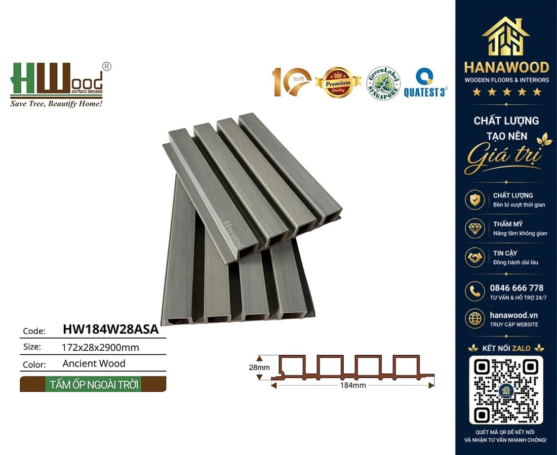 Tấm Lam 4 Sóng Ngoài Trời Phủ ASA Hwood HW184W28ASA Ancient Wood