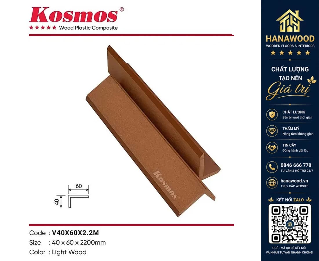 Nẹp góc V WPC Light Wood (vân gỗ sáng) 40 x 60 x 2200mm