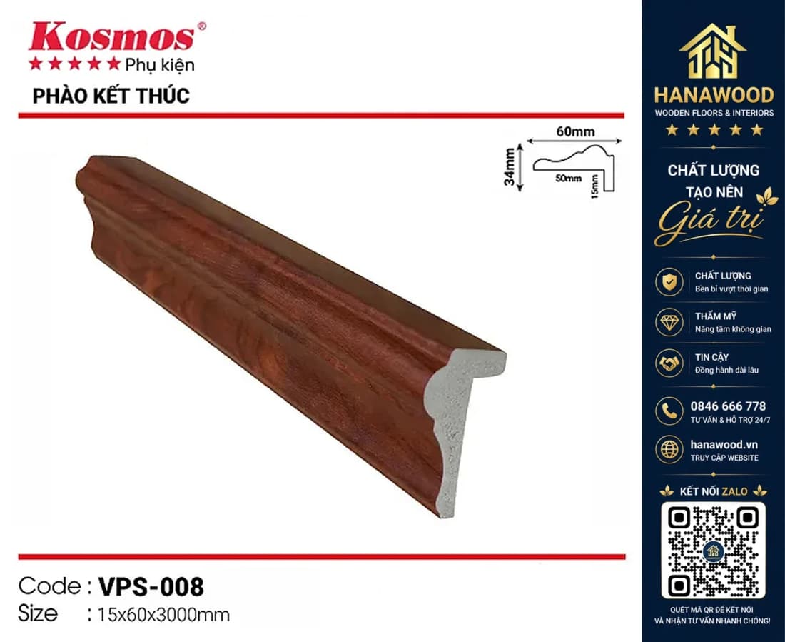 Phào kết thúc trang trí nhựa giả gỗ Kosmos mã VPS-008 (Lam Sóng Nano) 15 x 60 x 3000mm