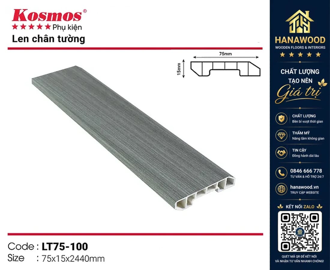 Len chân tường nhựa giả gỗ Kosmos mã LT75-100 15 x 75 x 2440 mm