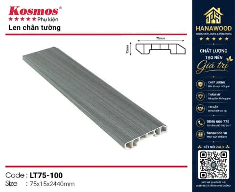 Len chân tường nhựa giả gỗ Kosmos mã LT75-100 15 x 75 x 2440 mm