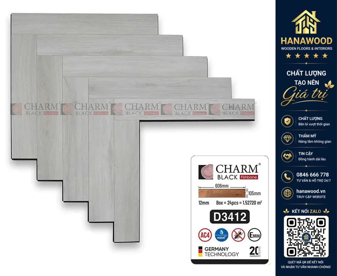 Sàn Gỗ Xương Cá Charmwood D3412 Cốt Đen 12mm