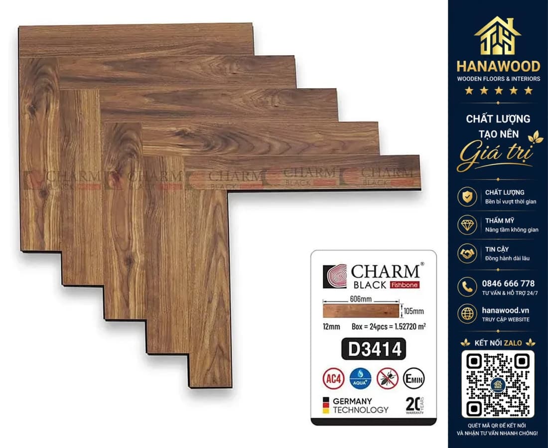 Sàn Gỗ Lát Xương Cá Cốt Đen Charmwood D3414 12mm