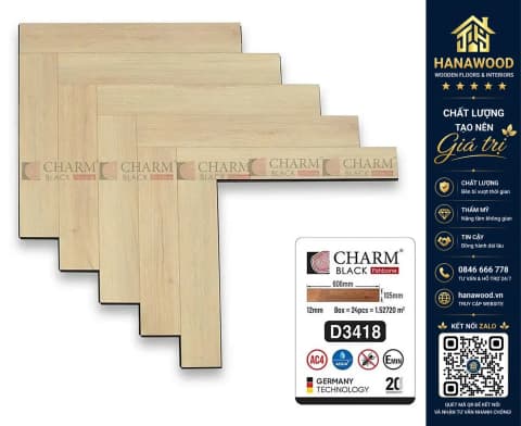 Sàn Gỗ Xương Cá Charmwood Cốt Đen D3418 12mm