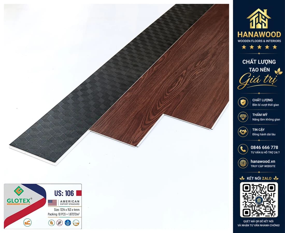 Sàn Nhựa Giả Gỗ Hèm Khóa Glotex US106 Đế Cao Su 4mm