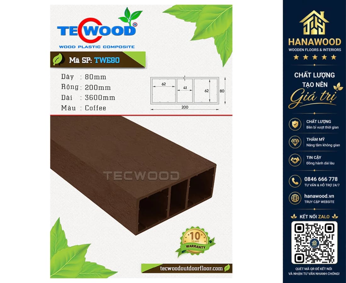 Lam Hộp Che Nắng Gỗ Nhựa Ngoài Trời TecWood TWE80 Coffee