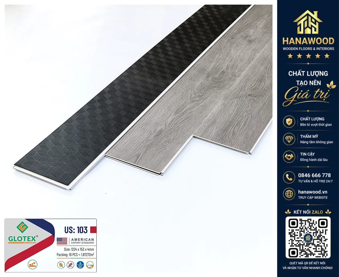 Sàn Nhựa Hèm Khóa Vân Gỗ Glotex US103 Đế Cao Su 4mm