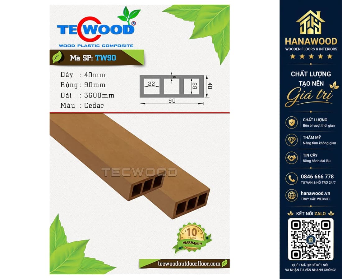 Thanh Lam Hộp Gỗ Nhựa Ngoài Trời TecWood TW90 Cedar
