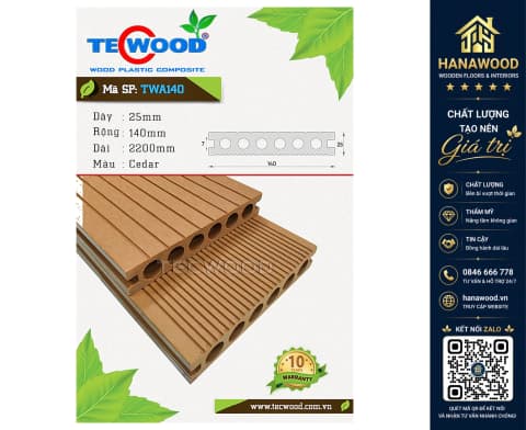 Sàn Gỗ Nhựa Ngoài Trời 6 Lỗ Tròn Tecwood TWA140 Cedar
