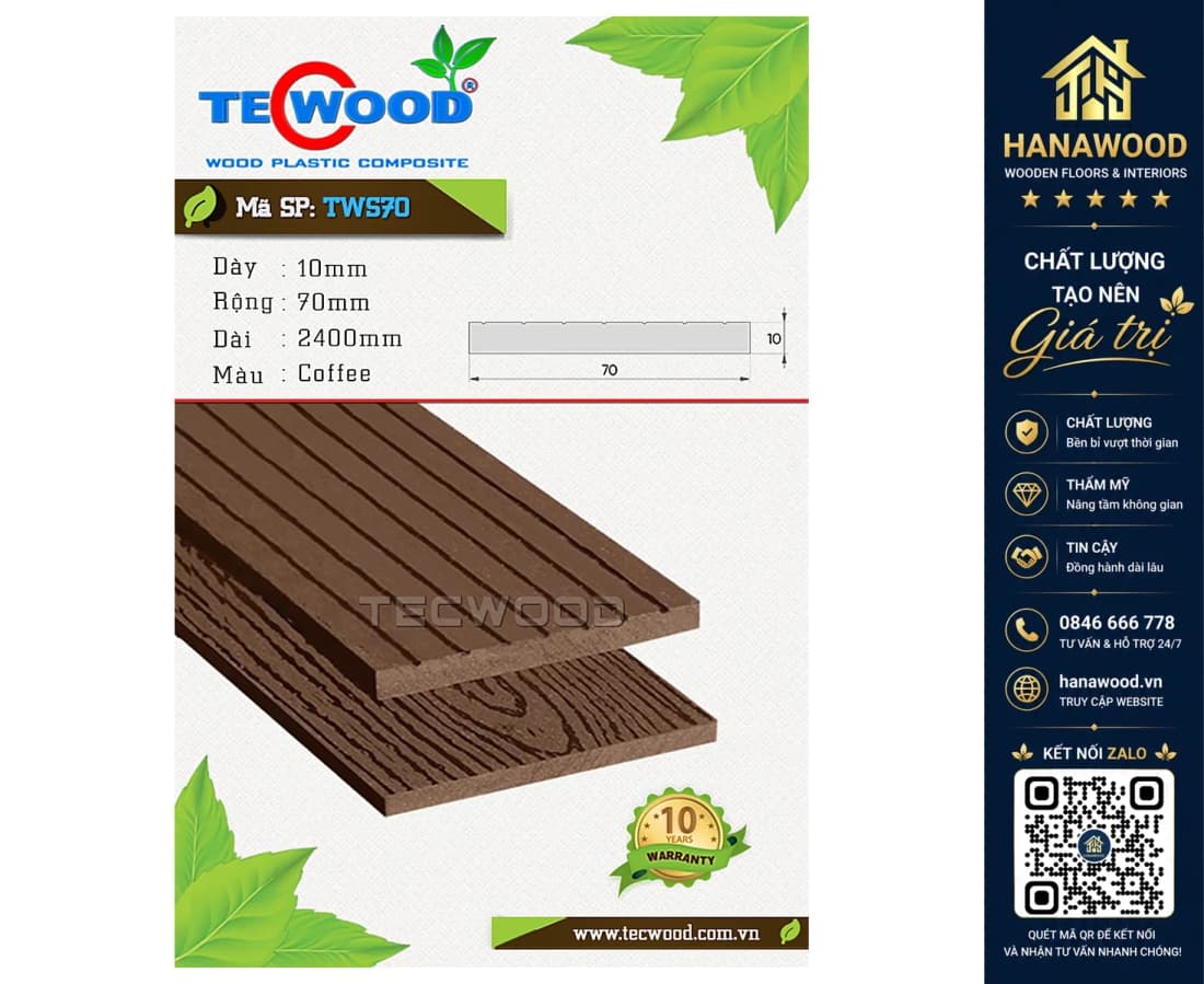 Thanh Lam Che Nắng Gỗ Nhựa Ngoài Trời TecWood TWS70 Coffee