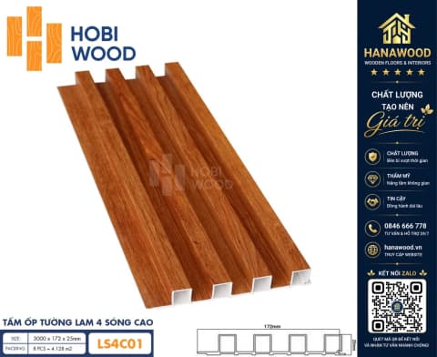 Tấm Nhựa Ốp Tường Lam Sóng Hobi Wood LS4C 01 - Lam 4 Sóng Cao