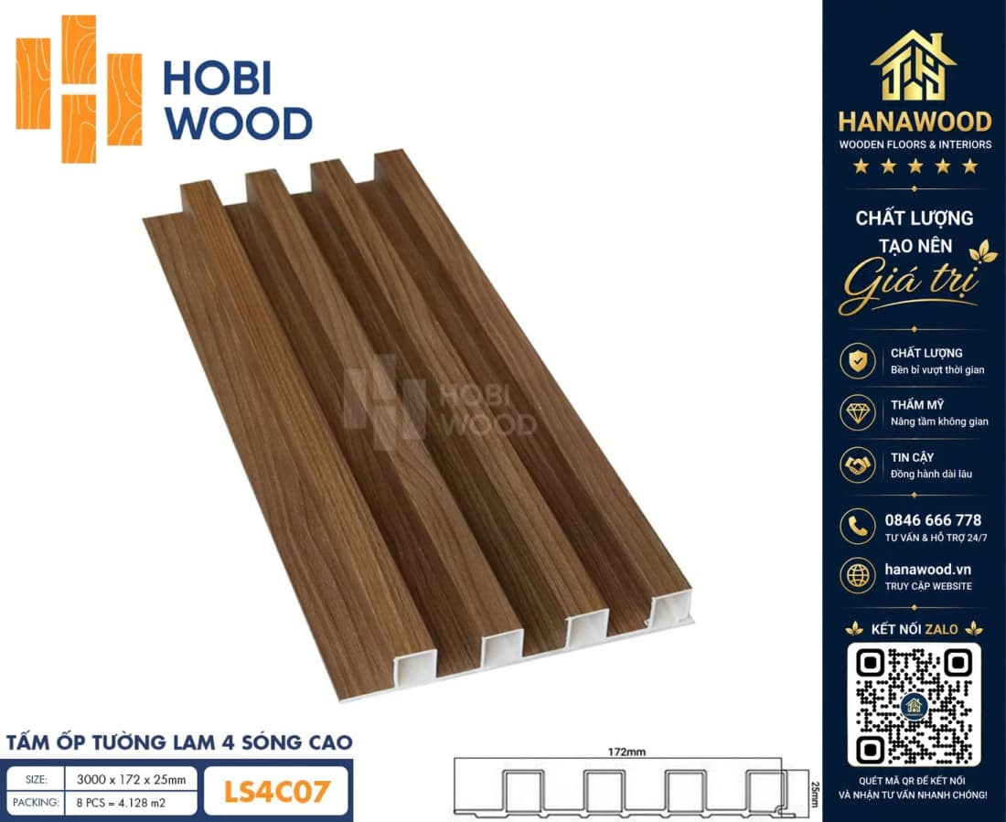 Tấm Nhựa Ốp Tường Lam Sóng Hobi Wood LS4C 07 - Lam 4 Sóng Cao